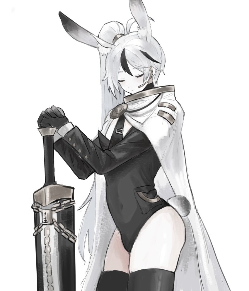 1boy, alternate_costume, animal_ears, black_gloves, black_hair, black_necktie, black_thighhighs, bulge, cape, commentary_request, cowboy_shot, earpiece, gloves, highres, holding, holding_sword, holding_weapon, hubestjoa, library_of_ruina, long_hair, male_focus, male_playboy_bunny, necktie, playboy_bunny, ponytail, project_moon, rabbit_boy, rabbit_ears, rabbit_tail, simple_background, solo, sword, tail, thighhighs, weapon, white_background, white_cape, white_hair, yan_vismok, zettai_ryouiki