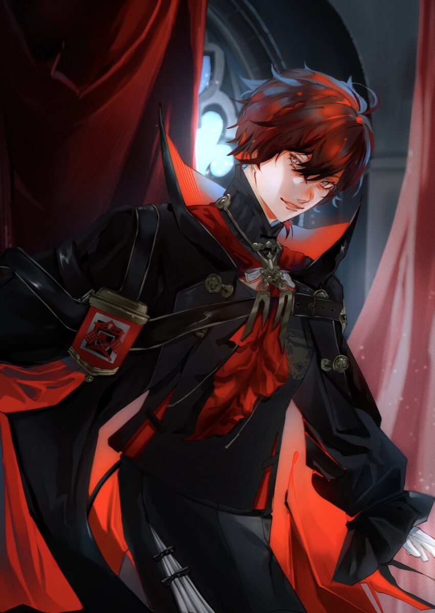 093_kaylee, 1boy, ascot, bishounen, black_cape, black_coat, cape, closed_mouth, coat, cowboy_shot, hashtag-only_commentary, highres, holostars, holostars_english, id_card, indoors, long_sleeves, looking_at_viewer, machina_x_flayon, machina_x_flayon_(3rd_costume), male_focus, official_alternate_costume, puffy_long_sleeves, puffy_sleeves, red_ascot, red_eyes, red_hair, short_hair, solo, virtual_youtuber
