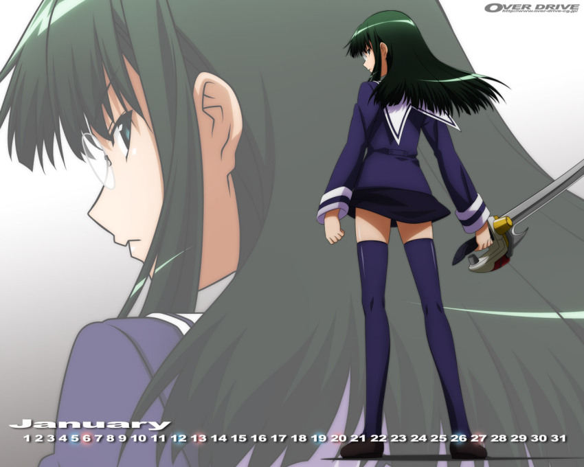 00s, 1girl, blue_eyes, blue_thighhighs, calendar, female_focus, from_behind, glasses