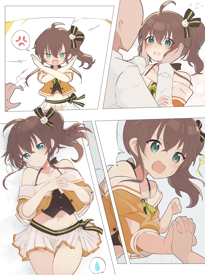 1boy, 1girl, absurdres, black_shirt, blue_eyes, breasts, brown_hair, closed_mouth