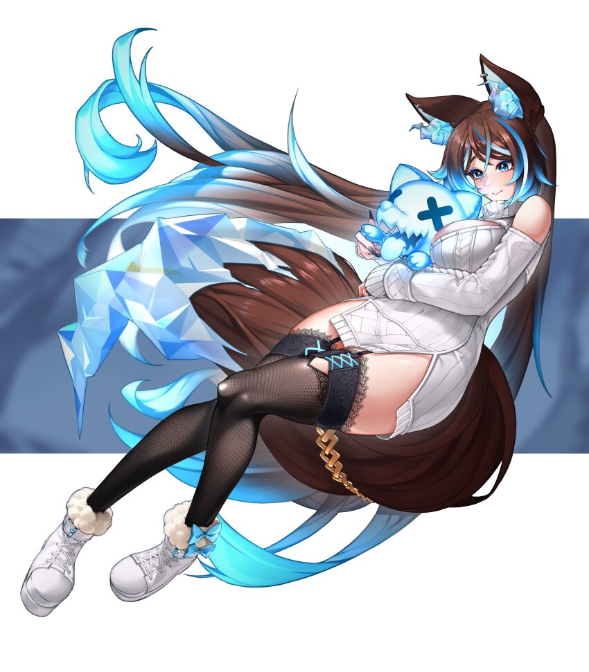 1girl, absurdres, animal_ears, black_thighhighs, blue_eyes, blue_streaks, blush, breasts