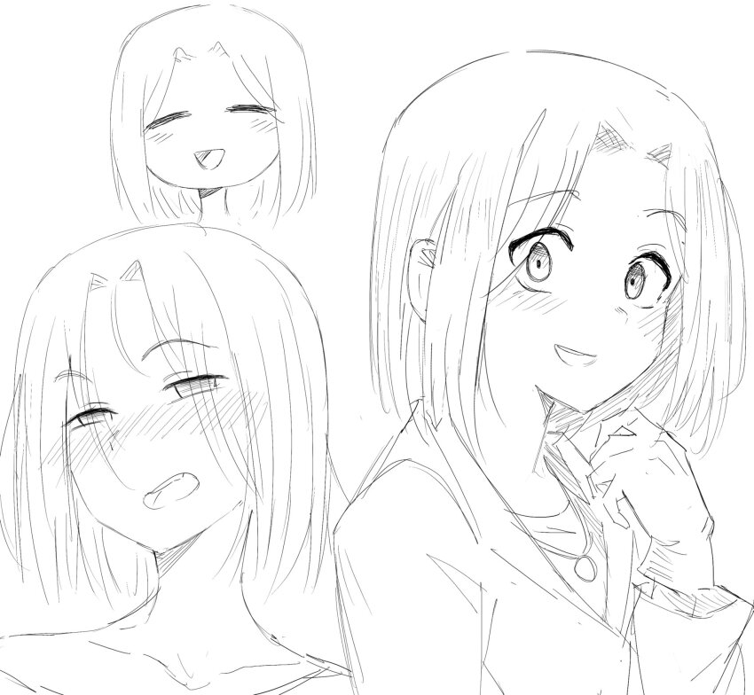 1girl, =_=, blush, bob_cut, chaos;head, collarbone, commission, dress