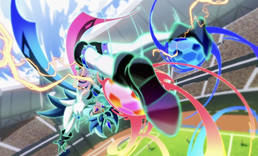 1girl, aqua_hair, ass, ball, beta_(inazuma_eleven), black_gloves, black_pantyhose, bodysuit