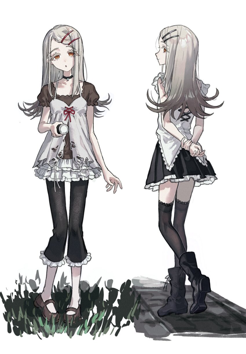 1girl, :o, black_boots, black_choker, black_pants, black_skirt, black_thighhighs, blonde_hair