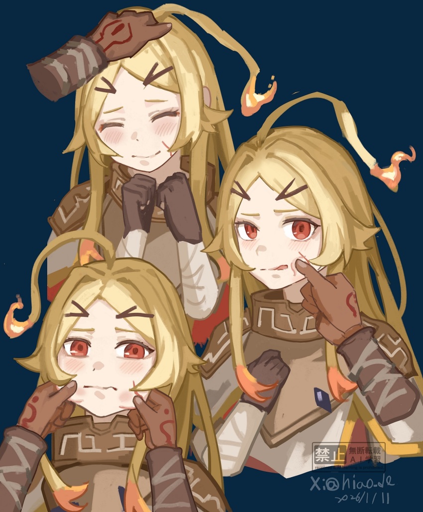 1boy, 1girl, ahoge, artist_name, bandages, blonde_hair, blue_background, blunt_bangs