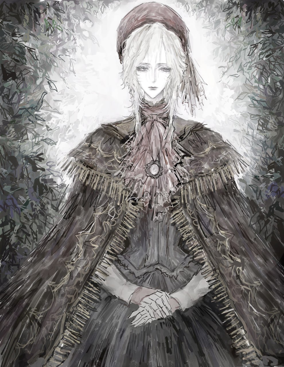 1girl, ascot, bloodborne, bonnet, brown_cloak, cloak, doll_joints, fringe-trimmed_cape