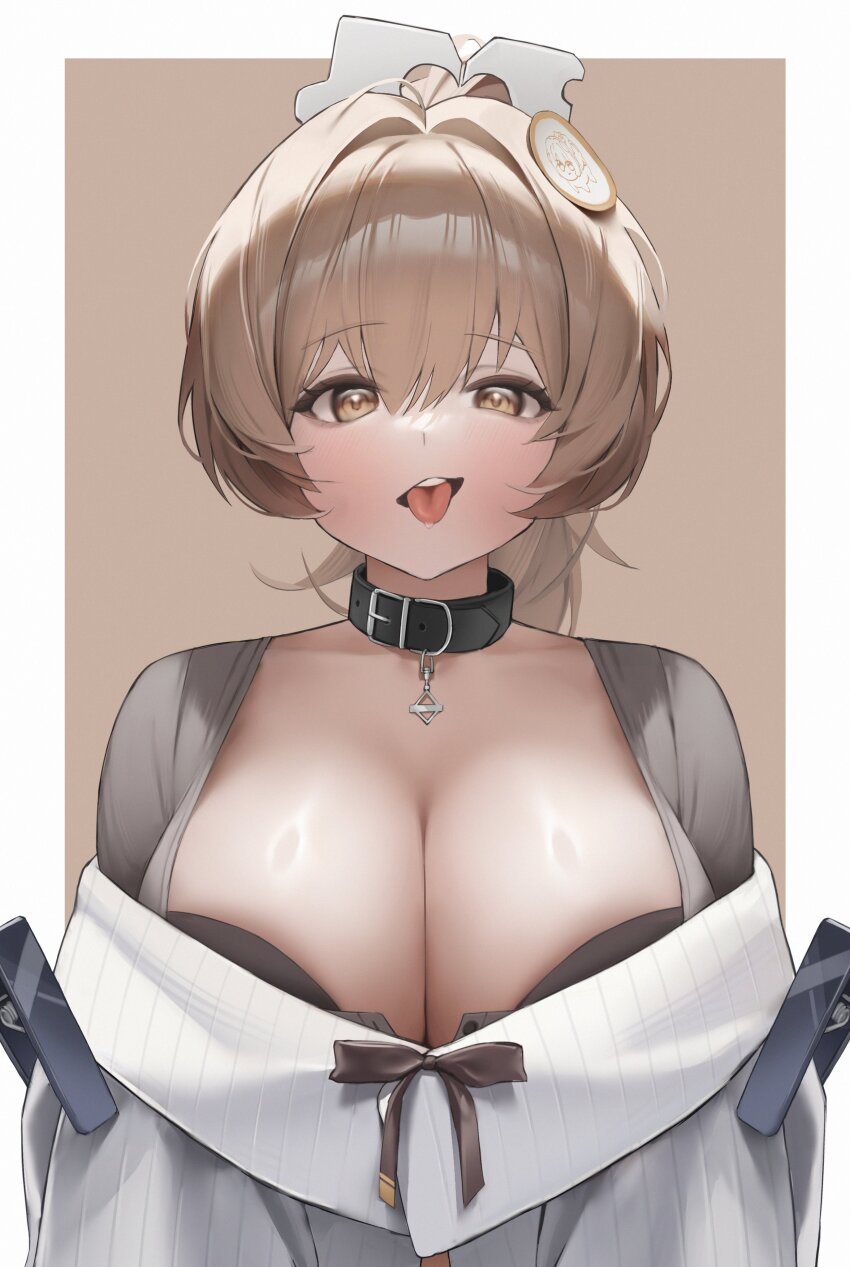 1girl, absurdres, belt_collar, border, bready_(frosty_bite)_(nikke), bready_(nikke), breasts, brown_eyes, brown_hair, cleavage, collar, commentary, english_commentary, goddess_of_victory:_nikke, highres, hundred0327, jacket, large_breasts, looking_at_viewer, official_alternate_costume, official_alternate_hairstyle, outside_border, solo, tongue, tongue_out, upper_body, white_border, white_jacket