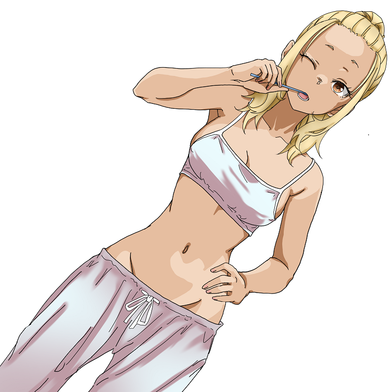 1girl, blonde_hair, bra, breasts, brown_eyes, brushing_teeth, cleavage, collarbone