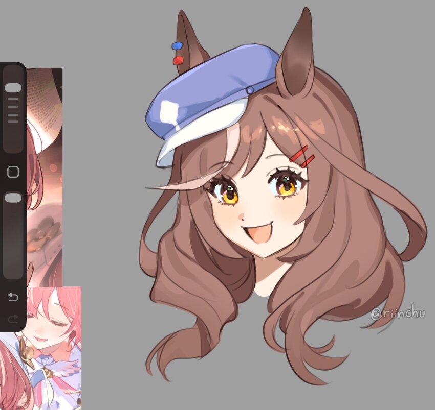 1girl, animal_ears, art_program_in_frame, art_study, blue_hat, brown_hair, commentary, english_commentary