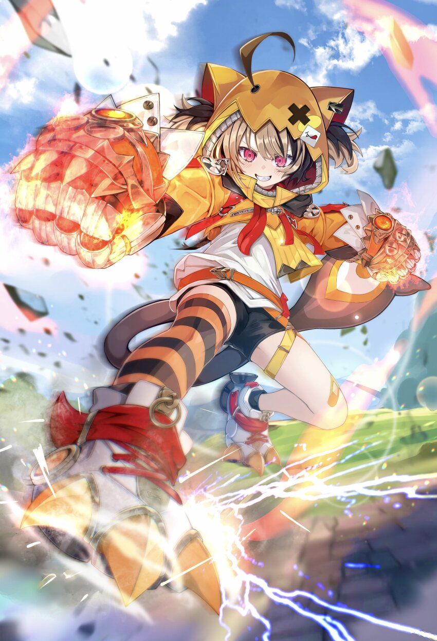 1girl, absurdres, ahoge, black_shorts, brown_hair, clawed_boots, clenched_hands, commentary