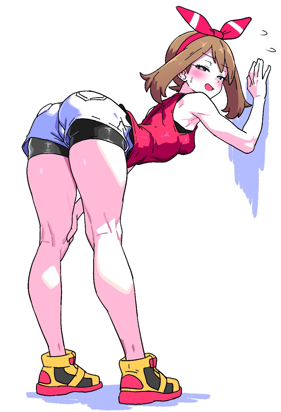 1girl, ass, bent_over, bike_shorts, bike_shorts_under_shorts, black_shorts, blush, bow