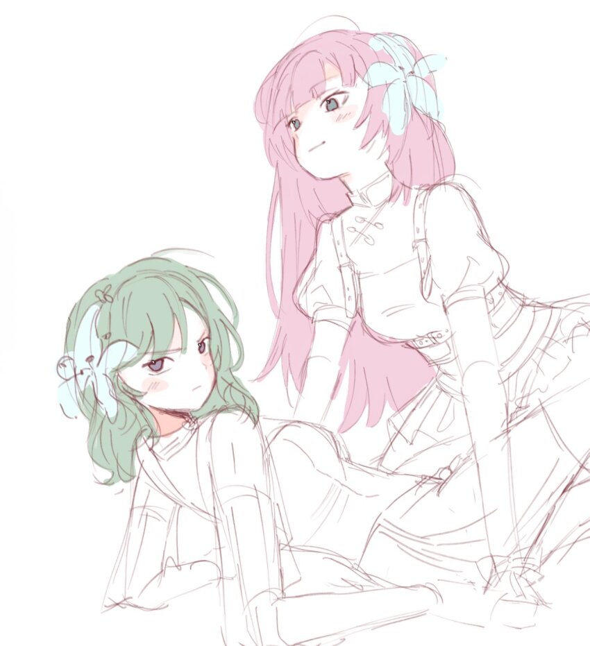 2girls, bang_dream!, bang_dream!_our_notes, blush, closed_mouth, commentary, english_commentary, flower