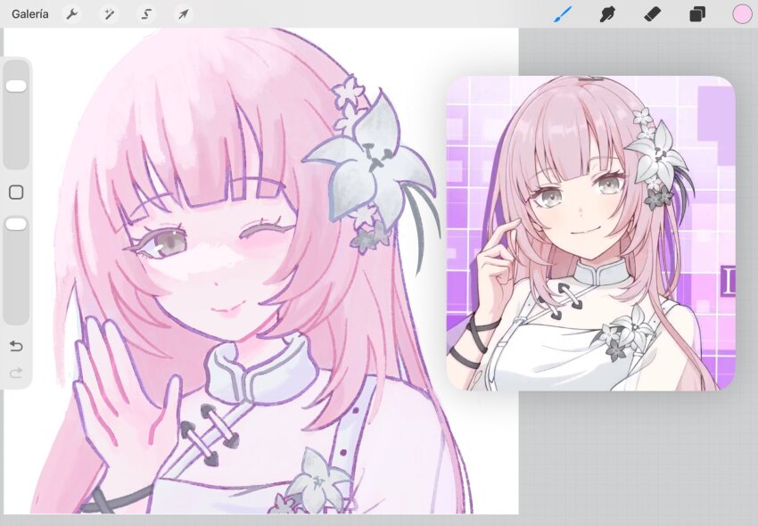 1girl, art_program_in_frame, bang_dream!, bang_dream!_our_notes, closed_mouth, commentary, english_commentary, flower, grey_eyes, hair_flower, hair_ornament, highres, izumi_houka, long_hair, pink_hair, procreate_(medium), reference_inset, rinkomon, waving