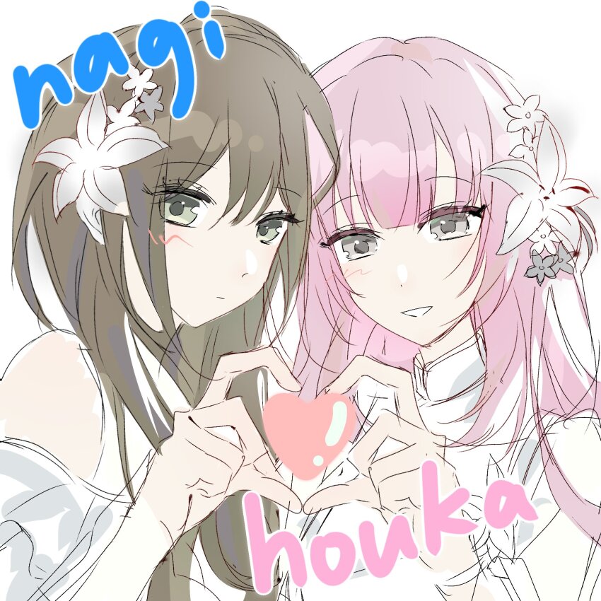 2girls, bang_dream!, bang_dream!_our_notes, brown_hair, character_name, commentary, flower, green_eyes, grey_eyes, hair_flower, hair_ornament, hashtag-only_commentary, heart, heart_hands, heart_hands_duo, highres, izumi_houka, jiubai_(shiro), kotohira_nagi, long_sleeves, looking_at_viewer, multiple_girls, pink_hair, simple_background, upper_body, white_background