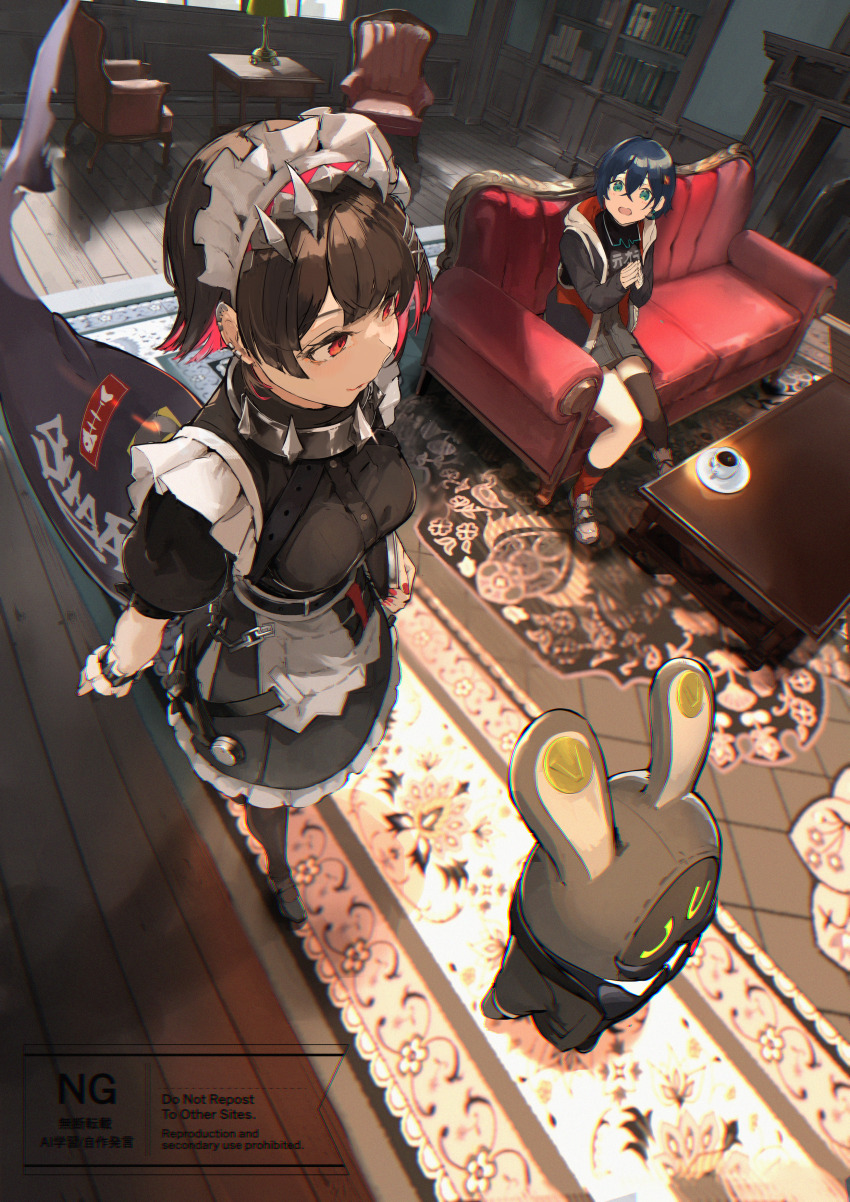 2girls, absurdres, apron, asymmetrical_legwear, bangboo_(zenless_zone_zero), belle_(zenless_zone_zero), black_dress, black_hair