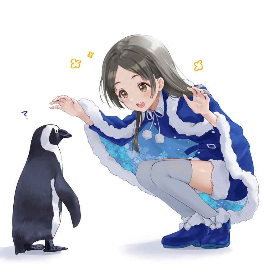 1girl, :d, ?, african_penguin, bird, blue_shoes, blush, brown_eyes
