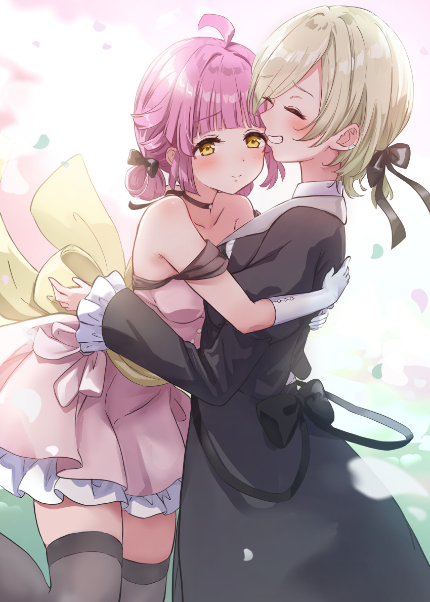 2girls, absurdres, ahoge, armpit_crease, bare_shoulders, black_coat, black_ribbon, black_thighhighs, blonde_hair, blunt_bangs, closed_eyes, closed_mouth, coat, collarbone, collared_shirt, commentary, cowboy_shot, double_bun, dress, elbow_gloves, frilled_sleeves, frills, gloves, grin, hair_bun, hair_ribbon, highres, like_a_treasure_(love_live!), long_sleeves, love_live!, love_live!_nijigasaki_high_school_idol_club, love_live!_nijigasaki_high_school_idol_club_the_movie_-_finale, mia_taylor, multiple_girls, nekomaru_nisei, off-shoulder_dress, off_shoulder, official_alternate_costume, pink_dress, pink_hair, raised_inner_eyebrows, ribbon, shirt, short_dress, short_hair, smile, split_mouth, stay_(love_live!), tennoji_rina, thighhighs, white_gloves, white_shirt, yellow_eyes, yuri, zettai_ryouiki