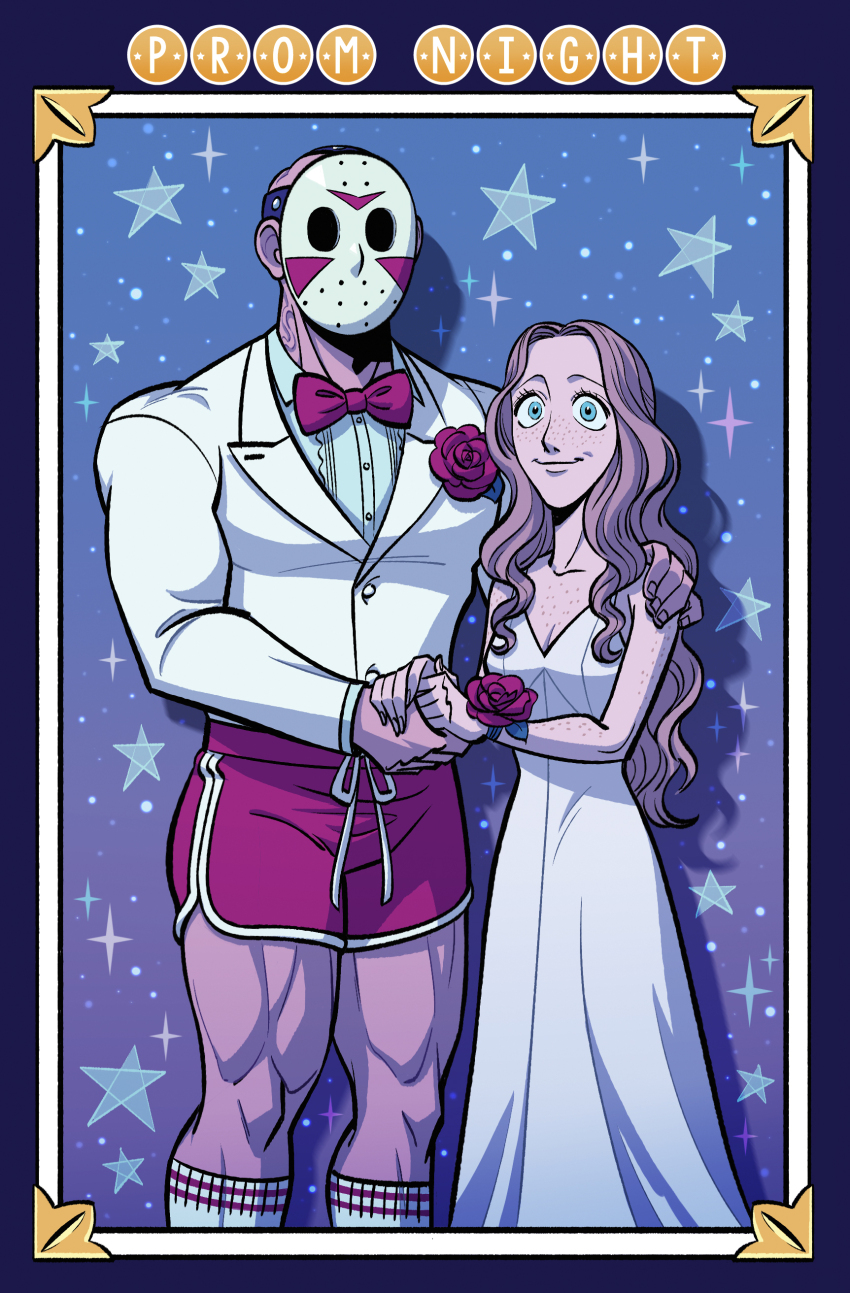 1boy, 1girl, absurdres, alternate_universe, bald, blue_eyes, brown_hair, carrie_(stephen_king)