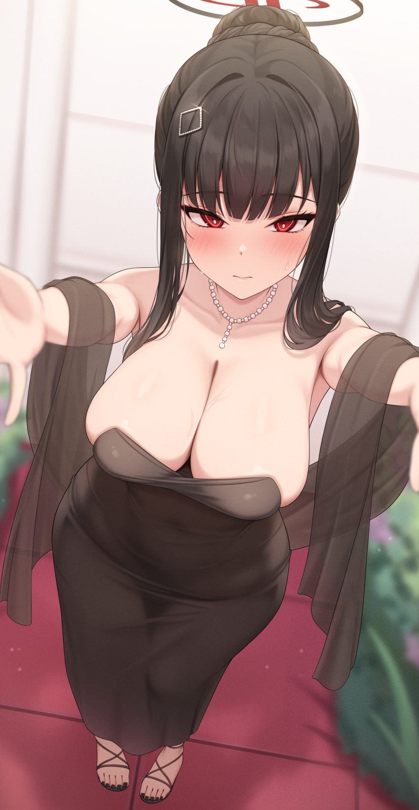 1girl, absurdres, bead_necklace, beads, black_dress, black_hair, black_halo, blue_archive