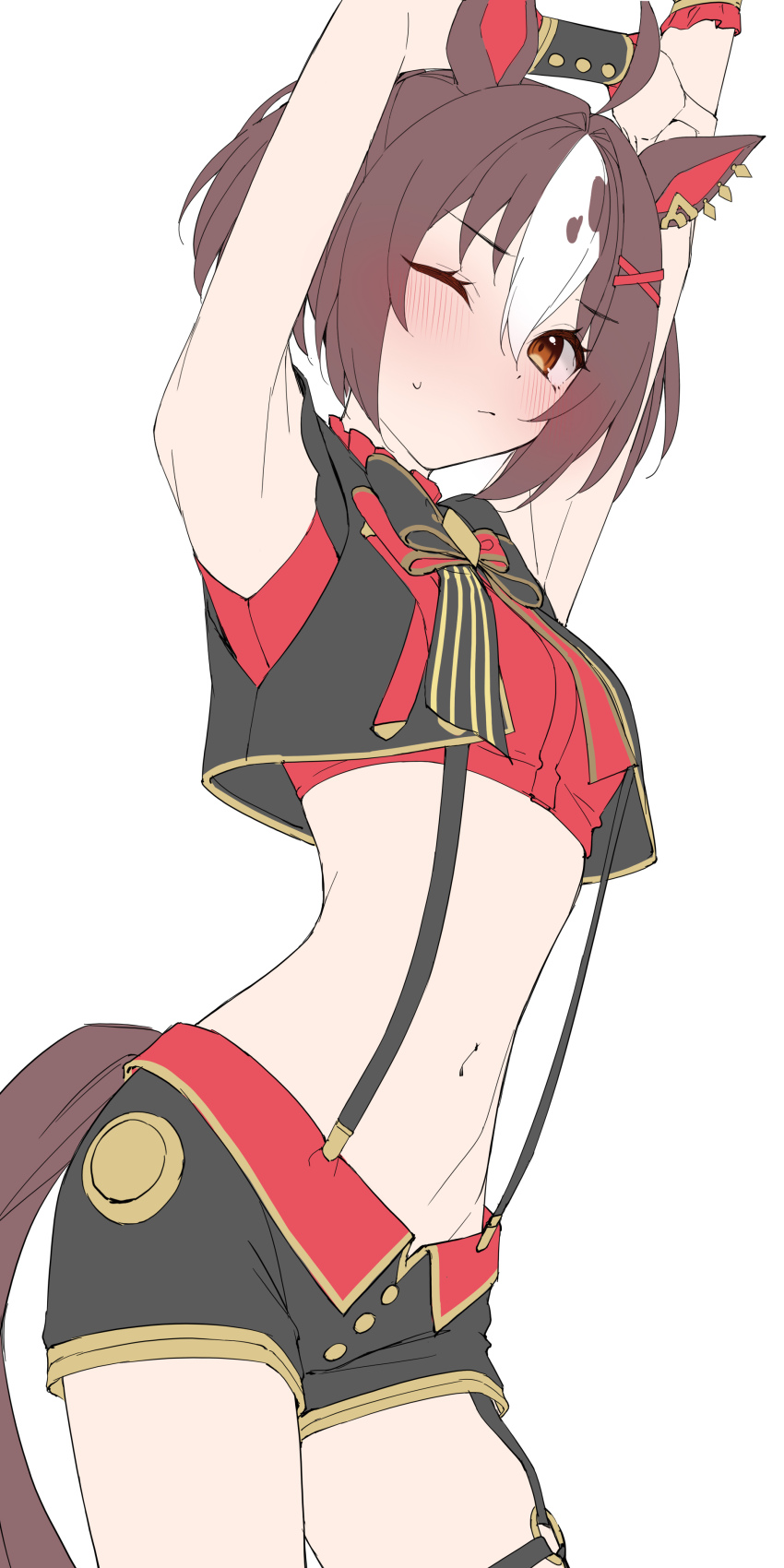 1girl, absurdres, ahoge, animal_ears, armpits, arms_up, black_shirt, black_shorts