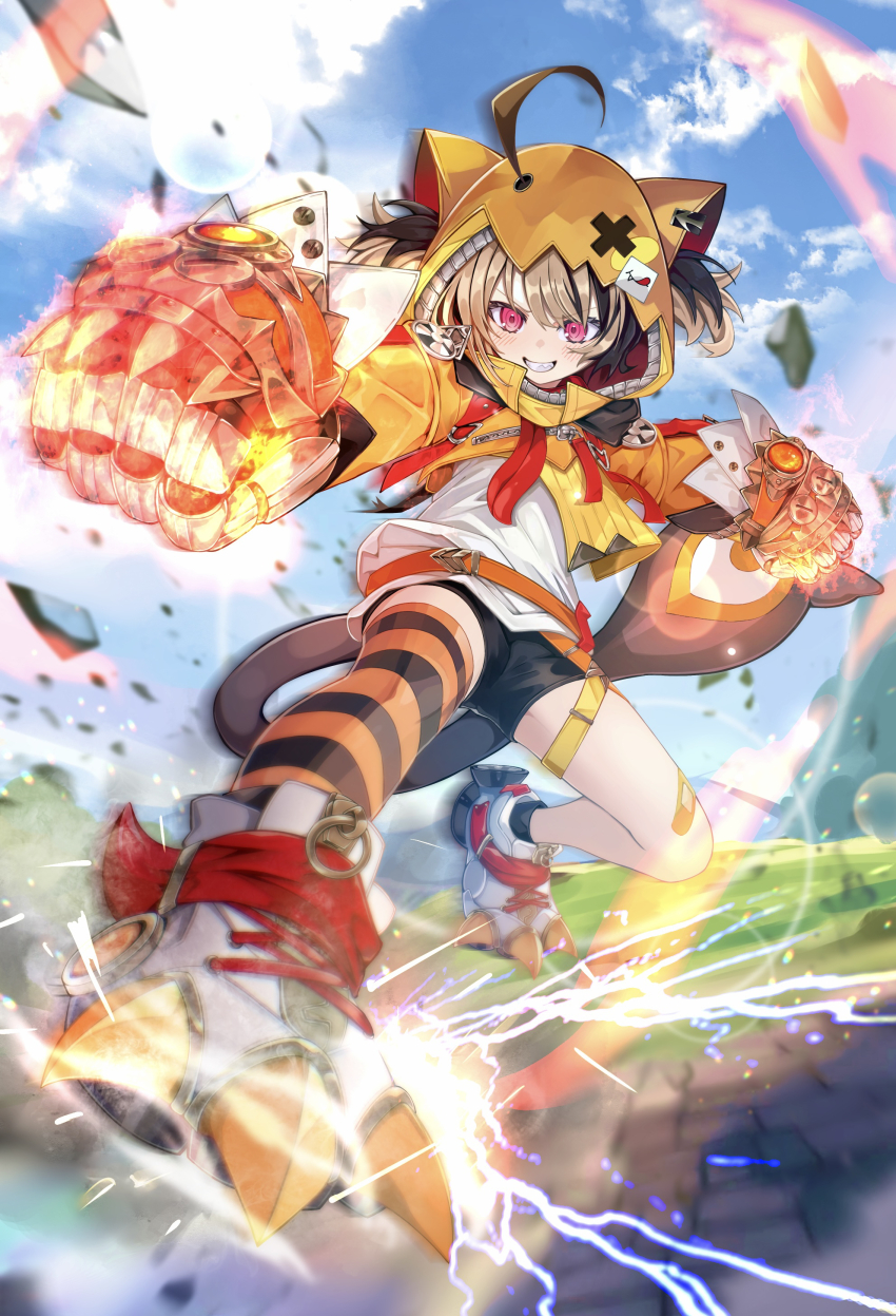 1girl, absurdres, ahoge, black_shorts, brown_hair, clawed_boots, clenched_hands, commentary