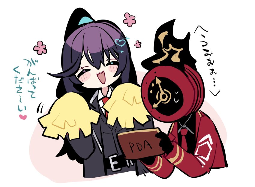 1boy, 1other, :3, black_coat, black_gloves, black_shirt, black_vest, blush