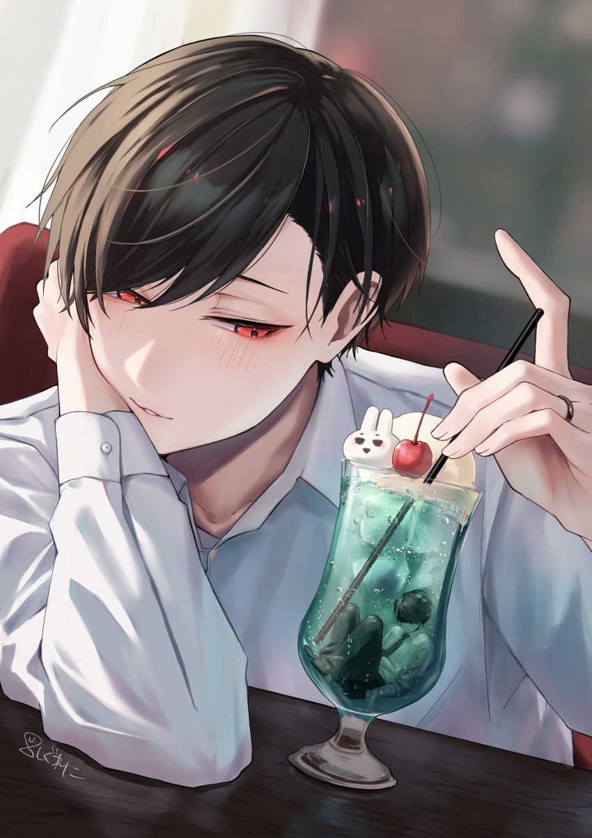 2boys, absurdres, air_bubble, ariake_(ooe), arm_support, black_hair, bubble, cherry