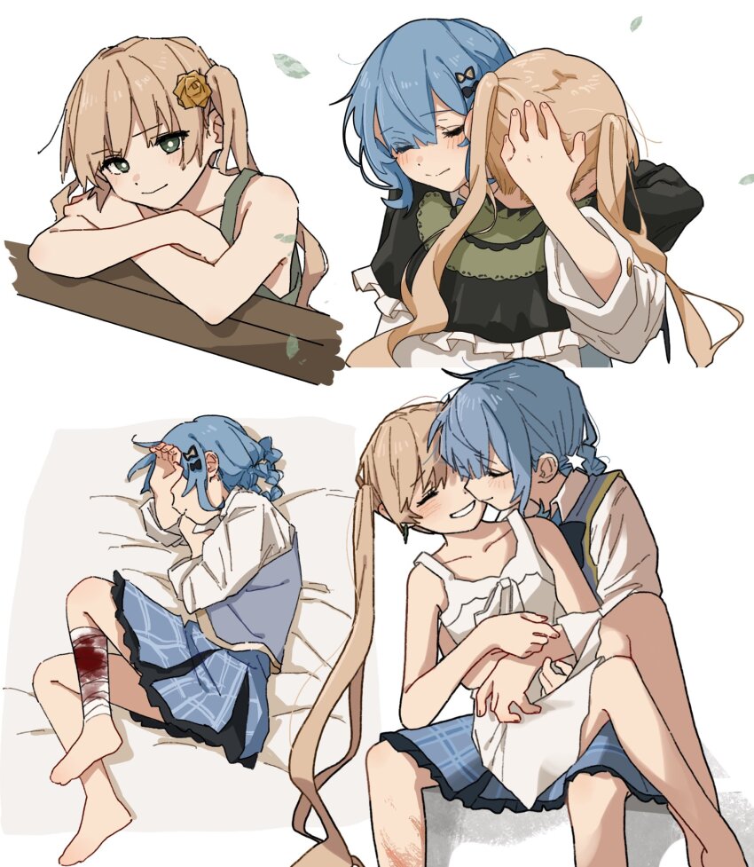 2girls, bandaged_leg, bandages, blonde_hair, blood, bloody_bandages, blue_hair, blue_skirt