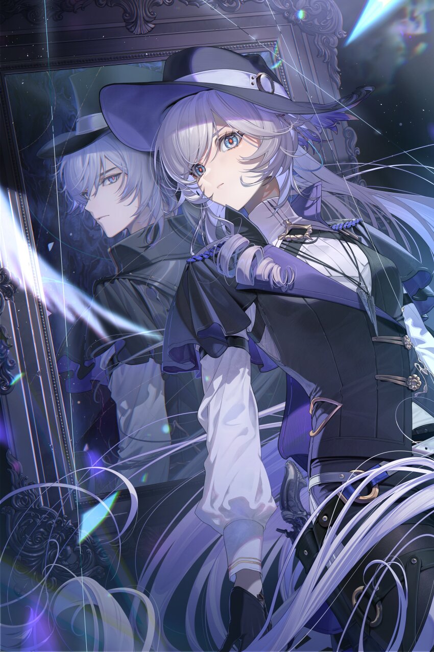 1boy, 1girl, absurdres, belt, black_background, black_belt, black_gloves, black_hat