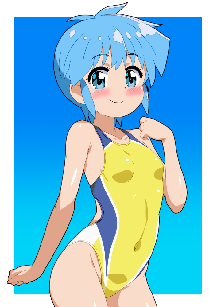 1girl, blue_background, blue_eyes, blue_hair, breasts, competition_swimsuit, covered_navel, gradient_background