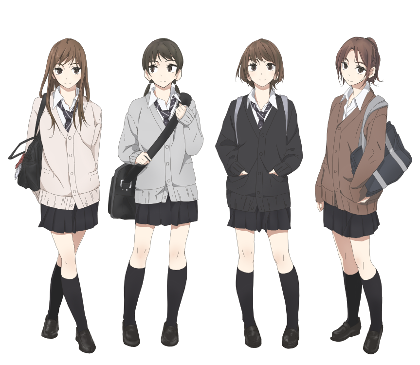 4girls, arms_behind_back, bag, black_hair, black_legwear, brown_hair, cardigan, crossed_legs