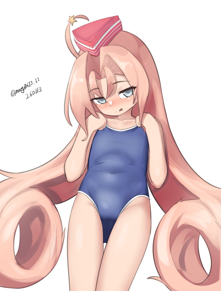 1girl, absurdres, blue_one-piece_swimsuit, competition_school_swimsuit, cowboy_shot, drum_(kancolle), garrison_cap, gluteal_fold