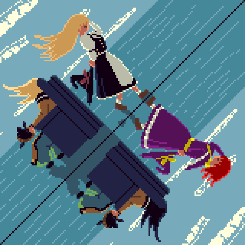 apron, black_hair, black_hat, blonde_hair, bow, capelet, commentary, dress, dual_persona, english_commentary, green_skirt, hat, hat_bow, highres, kirisame_marisa, kirisame_marisa_(pc-98), long_hair, long_sleeves, matara_okina, multiple_girls, netso, okina's_natural_hair_color, on_throne, pixel_art, purple_capelet, purple_dress, purple_hat, red_hair, reflection, short_hair, sitting, skirt, story_of_eastern_wonderland, throne, touhou, touhou_(pc-98), waist_apron, wide_sleeves, witch_hat, wizard_hat