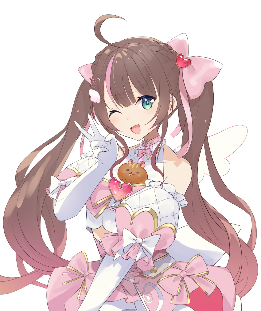 1girl, absurdres, ahoge, bow, brown_hair, cloud_hair_ornament, commentary_request, dress