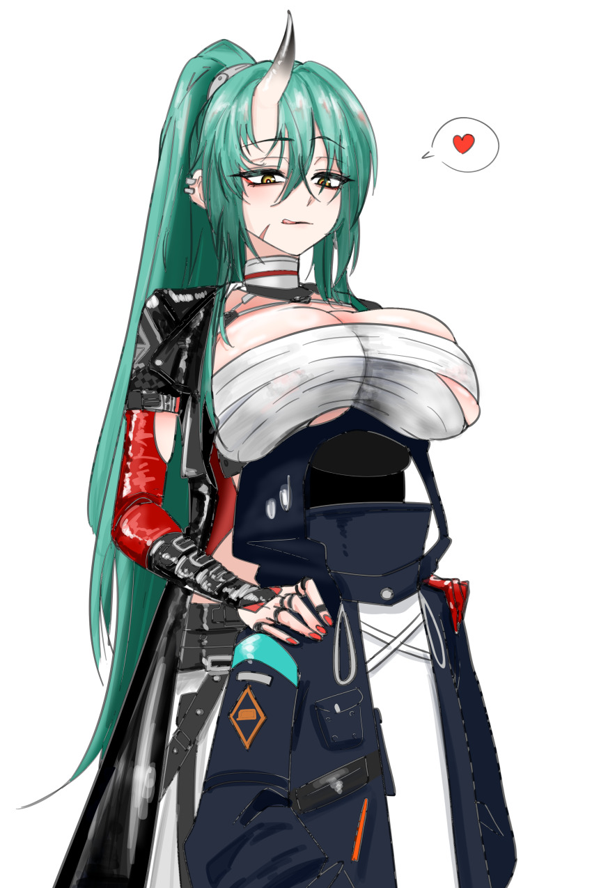 1girl, 1other, :q, absurdres, arknights, black_jacket, breast_rest, breasts