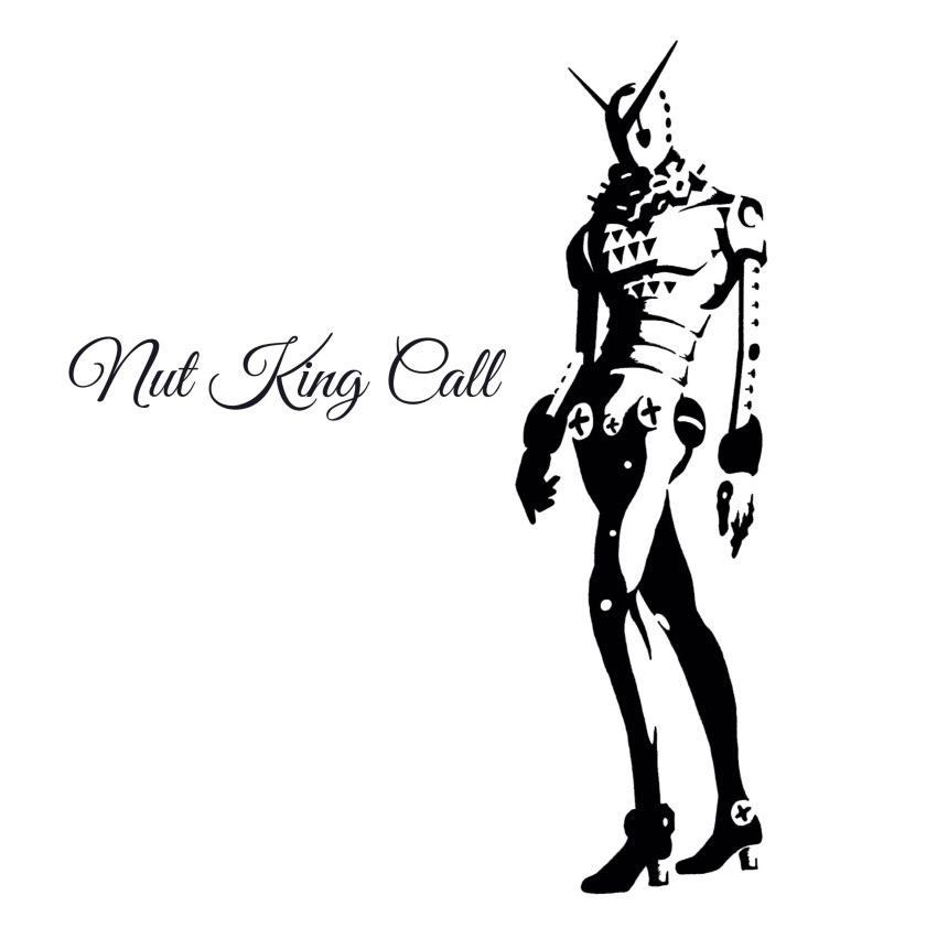 1boy, arms_at_sides, boots, character_name, commentary_request, cursive, full_body, greyscale, gyro_(gyro-zeppeli), high_heel_boots, high_heels, highres, jojo_no_kimyou_na_bouken, jojolion, monochrome, no_humans, nut_king_call, partial_commentary, screw, simple_background, solo, stand_(jojo), standing, v-fin, white_background