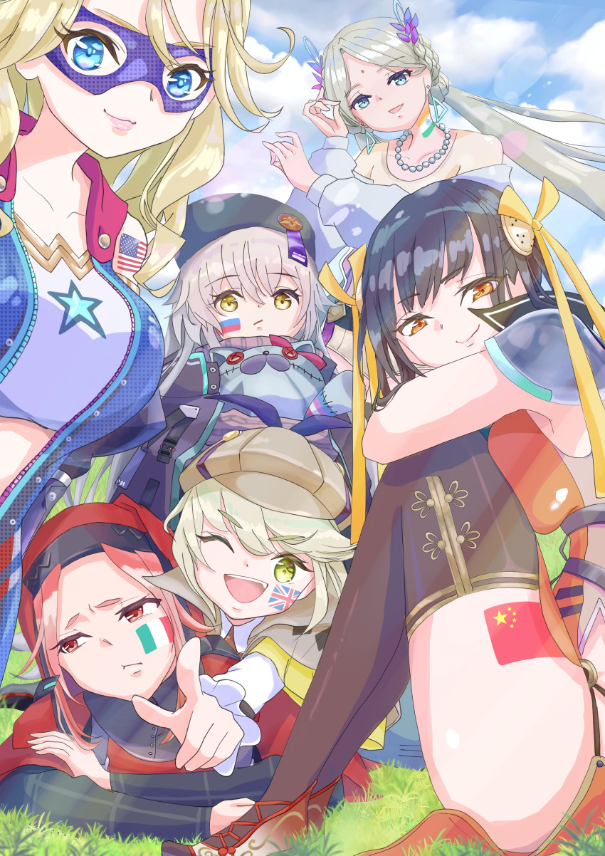 6+girls, absurdres, american_flag, black_hair, blonde_hair, breast_press, brown_hair, carole_reaper, charlotta_skopovskaya, flag, forehead, grey_hair, heaven_burns_red, highres, indian_flag, irene_redmayne, italian_flag, li_yingxia, long_hair, looking_at_viewer, maria_de_angelis, mimizuku, multiple_girls, people's_republic_of_china_flag, red_eyes, russian_flag, team_31x_(heaven_burns_red), thighs, union_jack, vritika_balakrishnan