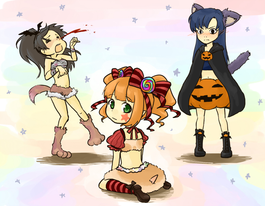 3girls, animal_hands, bandages, bat_(animal), blood, blush, boots, bow