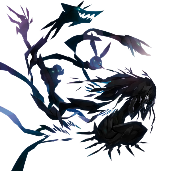 10s, abstract, black_hair, blue_eyes, covering_privates, covering_face, dress, elsa_maria_(madoka_magica)