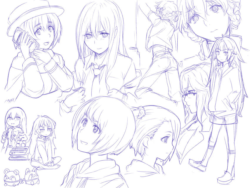 1girl, 6+girls, :d, amane_suzuha, ass, blush, child, closed_eyes, commentary_request, dress_shirt, from_behind, hair_rings, hat, highres, hiyajou_maho, holding, holding_phone, holsing_phone, jacket, kiryuu_moeka, long_hair, long_sleeves, looking_at_viewer, makise_kurisu, menomorute, monochrome, multiple_girls, multiple_views, nakase_katsumi, open_mouth, phone, removing_jacket, science_adventure, shiina_mayuri, shirt, short_hair, short_twintails, simple_background, smile, steins;gate, steins;gate_0, tennouji_nae, tomboy, twintails, white_background