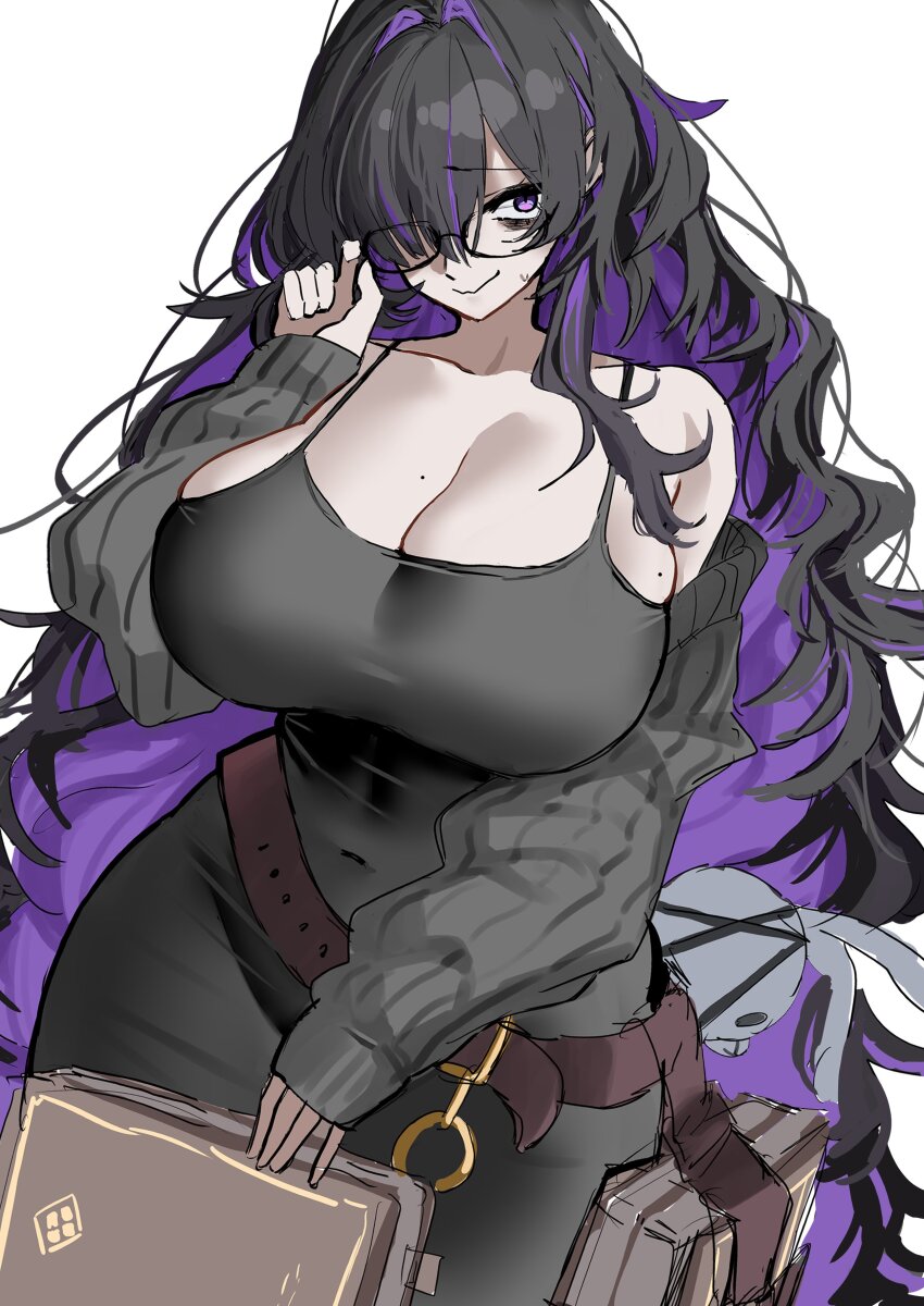 1girl, absurdres, bags_under_eyes, belt, black-framed_eyewear, black_hair, book, breasts, brown_belt, cleavage, collarbone, commentary_request, dress, glasses, goddess_of_victory:_nikke, hair_over_one_eye, highres, koppepan_agp, label_(nikke), large_breasts, long_hair, messy_hair, mole, mole_on_breast, nervous_smile, one_eye_covered, purple_eyes, purple_hair, simple_background, smile, solo, taut_clothes, taut_dress, very_long_hair, white_background