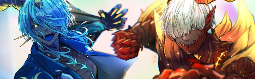 2boys, absurdres, black_sclera, black_skin, blue_eyes, blue_hair, blue_shirt, blurry