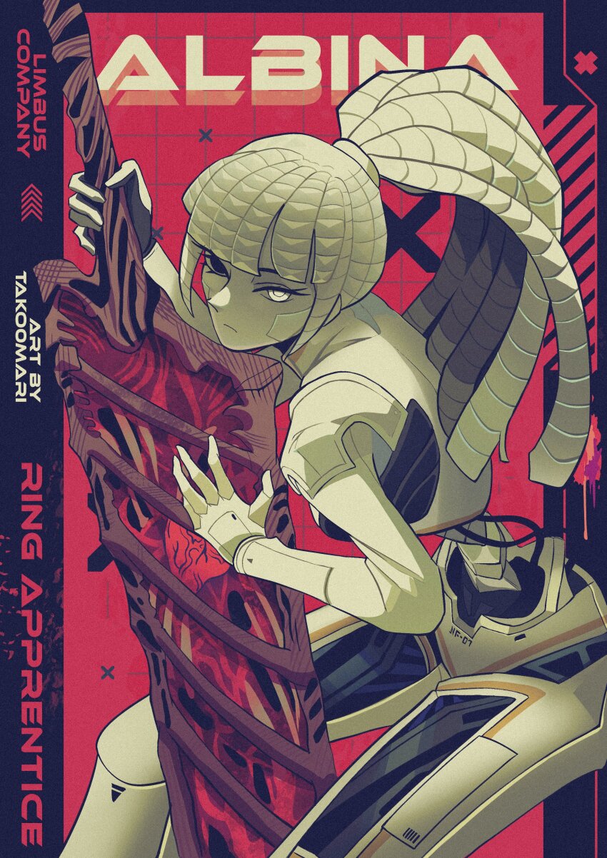 1girl, absurdres, albina_(project_moon), android, artist_name, black_eyes, blunt_bangs, character_name