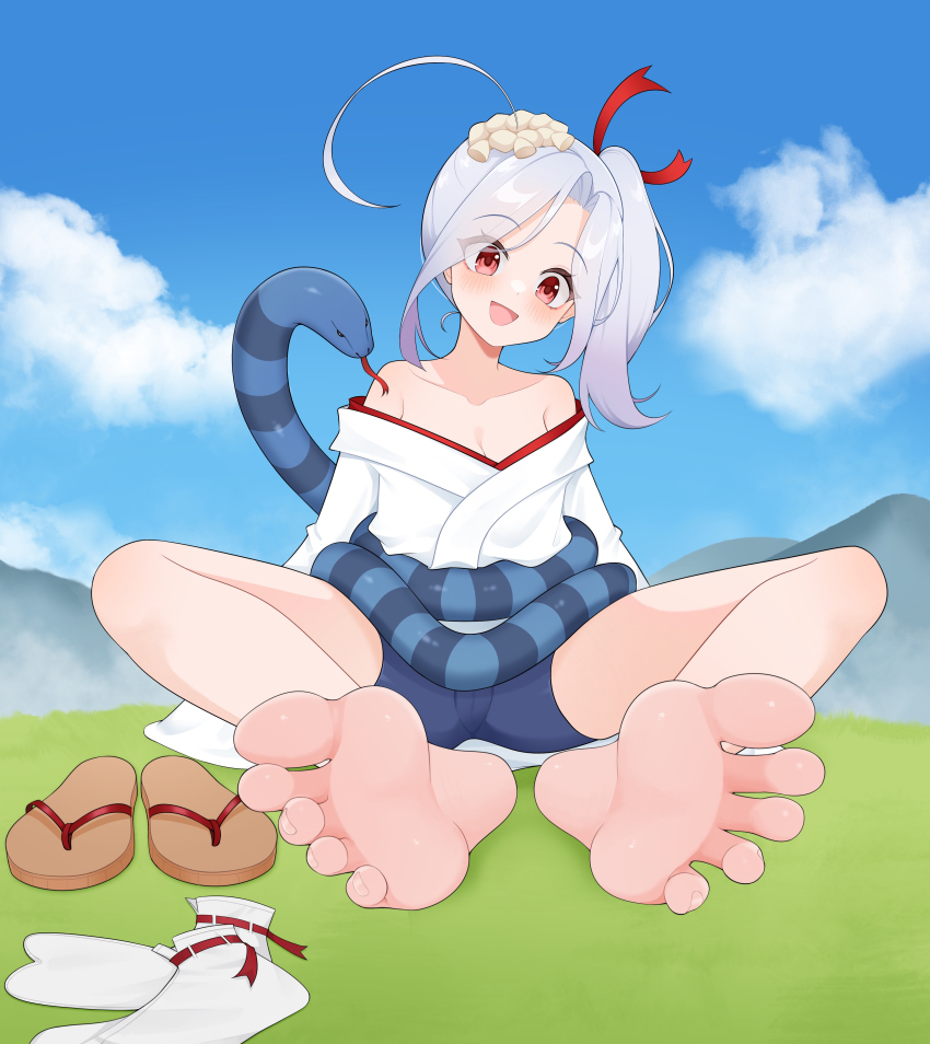 1girl, absurdres, barefoot, bike_shorts, blush, feet, grey_hair, highres, long_hair, open_mouth, oshiro_project:re, red_eyes, shoes, side_ponytail, snake, socks, soles, toes, unworn_shoes, unworn_socks, wl217_(nicexa111), yakumo_(oshiro_project)