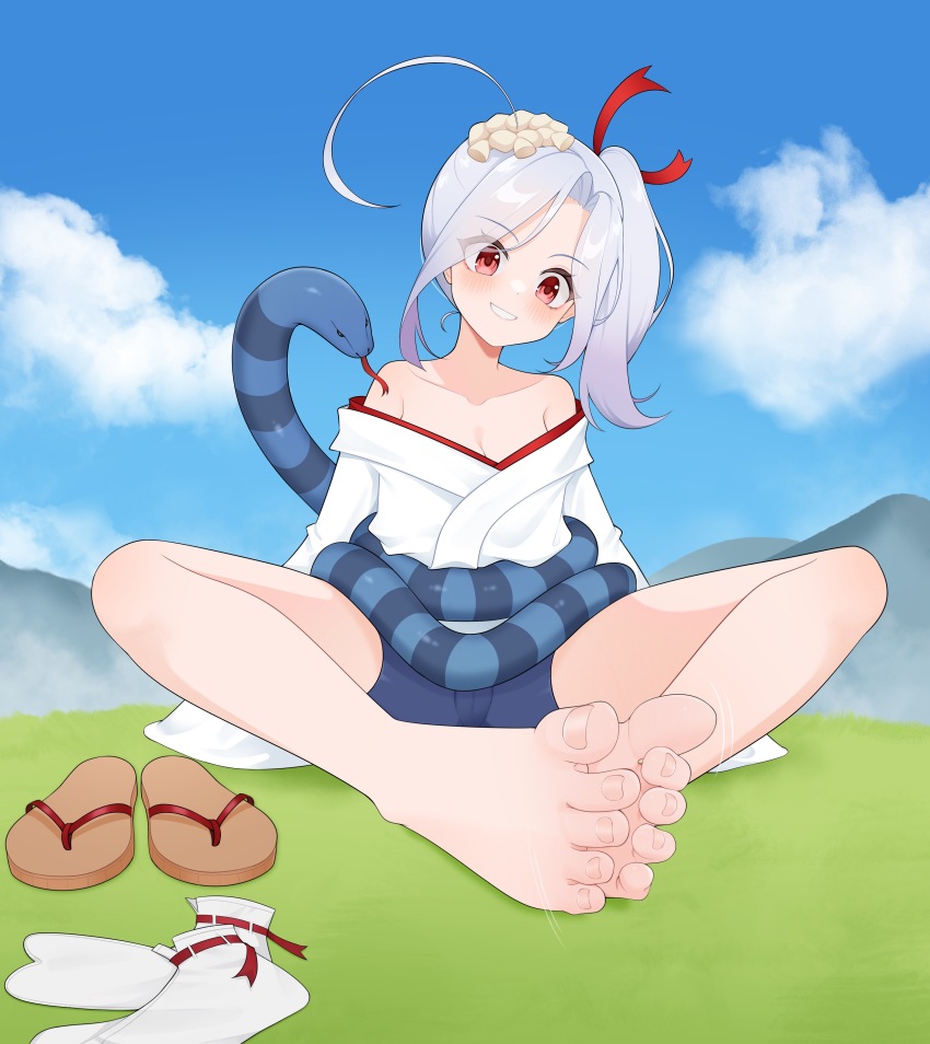 1girl, absurdres, barefoot, bike_shorts, blush, feet, grey_hair, highres