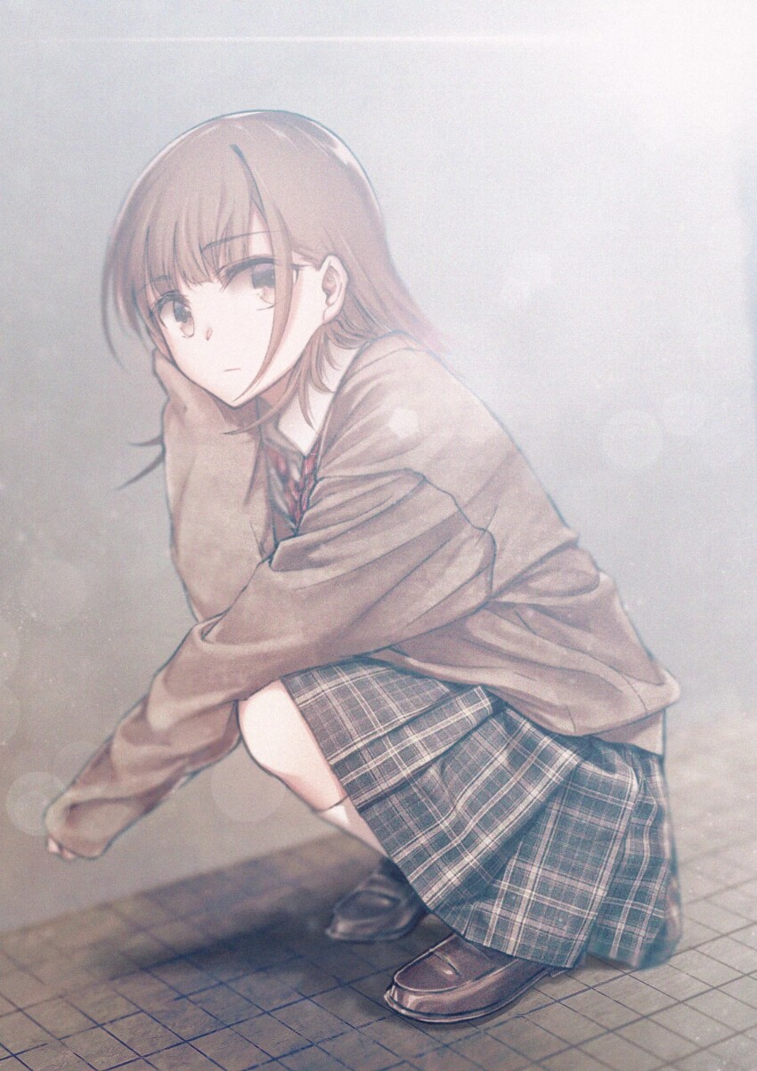 1girl, brown_eyes, brown_hair, brown_shoes, brown_sweater_vest, commentary_request, hand_on_own_face, highres