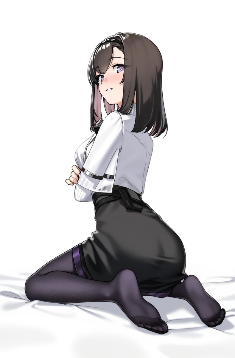 1girl, admiralkeyes, arknights, black_hair, black_pantyhose, black_skirt, blush, capelet