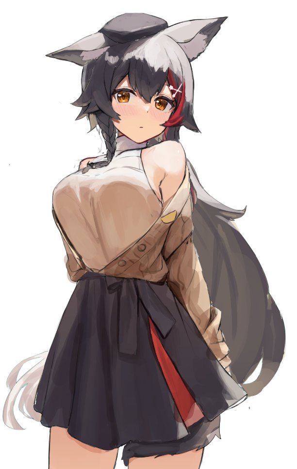 1girl, animal_ear_fluff, animal_ears, arms_behind_back, asymmetrical_sidelocks, bare_shoulders, beret, big_hair, black_hair, black_hat, black_skirt, black_tail, blush, bow, braid, braided_sidelock, brown_cardigan, brown_eyes, cardigan, cardigan_tucked_in, commentary, cowboy_shot, double-parted_bangs, embarrassed, hair_ornament, hairclip, halter_shirt, halterneck, hat, high-waist_skirt, hololive, long_hair, long_sidelocks, looking_at_viewer, low_ponytail, miniskirt, multicolored_hair, off_shoulder, official_alternate_costume, official_alternate_hairstyle, ookami_mio, ookami_mio_(street), open_cardigan, open_clothes, ponytail, red_streaks, shirt, shirt_tucked_in, side_braid, sidelocks, simple_background, single_hair_streak, skirt, sleeveless, sleeveless_shirt, solo, streaked_hair, tail, tail_around_own_leg, tail_wrap, turtleneck, turtleneck_shirt, very_long_hair, virtual_youtuber, waist_bow, white_background, white_shirt, wide_ponytail, wolf_ears, wolf_girl, wolf_tail, woogi_(duguddnr)