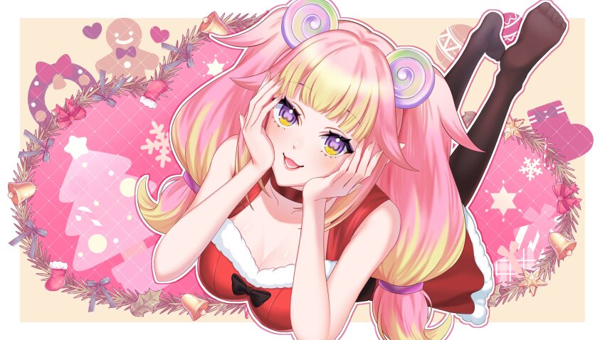 1girl, absurdres, bell, black_bow, blonde_hair, bow, breasts, christmas_stocking, cleavage, collarbone, dress, fur-trimmed_dress, fur_trim, gingerbread_man, hair_ornament, hands_on_own_cheeks, hands_on_own_face, heart, highres, hujie, multicolored_hair, open_mouth, pink_hair, purple_eyes, red_bow, red_dress, santa_costume, santa_dress, second-party_source, shell, shell_hair_ornament, solo, star_(symbol), stronny_cuttles, symbol-shaped_pupils, two-tone_hair, vallure, virtual_youtuber