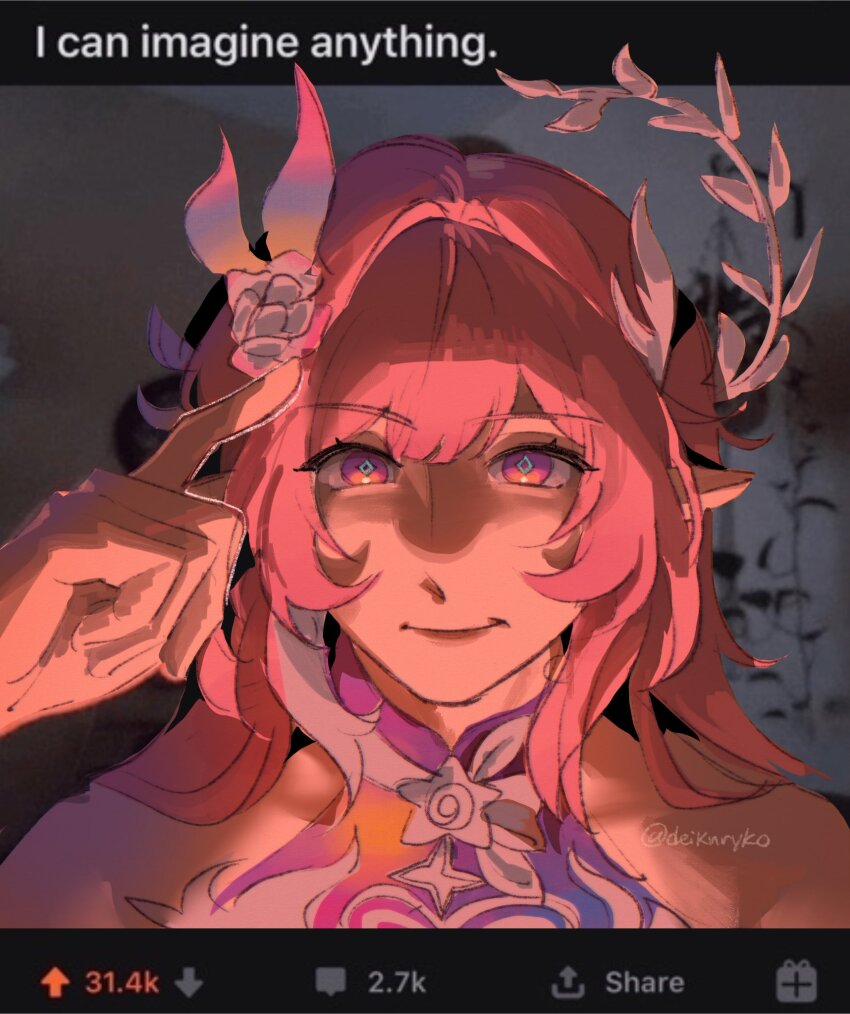 1girl, alternate_form, arrow_(symbol), artist_name, bare_shoulders, blue_ribbon, branch, closed_mouth, commentary, curtains, cyrene_(demiurge)_(honkai:_star_rail), cyrene_(honkai:_star_rail), diamond-shaped_pupils, diamond_(shape), dress, english_commentary, english_text, flower, hair_between_eyes, hair_flower, hair_ornament, hair_ribbon, hand_up, highres, honkai:_star_rail, honkai_(series), indoors, kronkydei, leaf, long_hair, looking_at_viewer, meme, multicolored_hair, multicolored_ribbon, official_alternate_costume, official_alternate_hairstyle, pink_hair, pink_ribbon, plant, pointy_ears, purple_eyes, reddit, ribbon, rose, sidelocks, sleeveless, sleeveless_dress, smile, solo, streaked_hair, symbol-shaped_pupils, upper_body, white_dress, white_flower, white_hair, white_ribbon, white_rose, yellow_ribbon